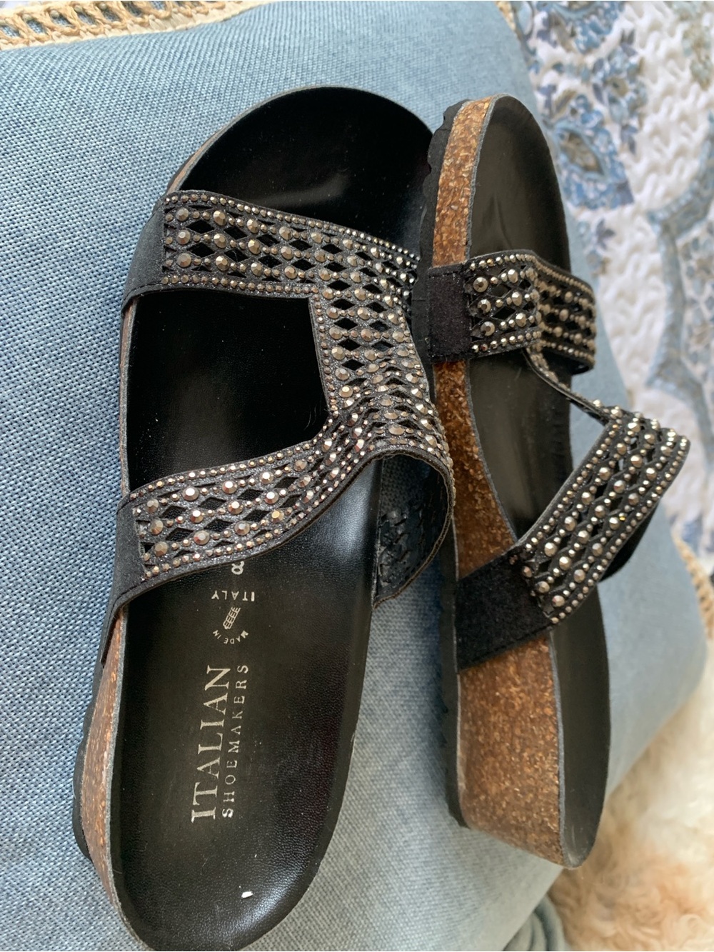 Italian Shoemakers Black Studded Cork Slide Sandals